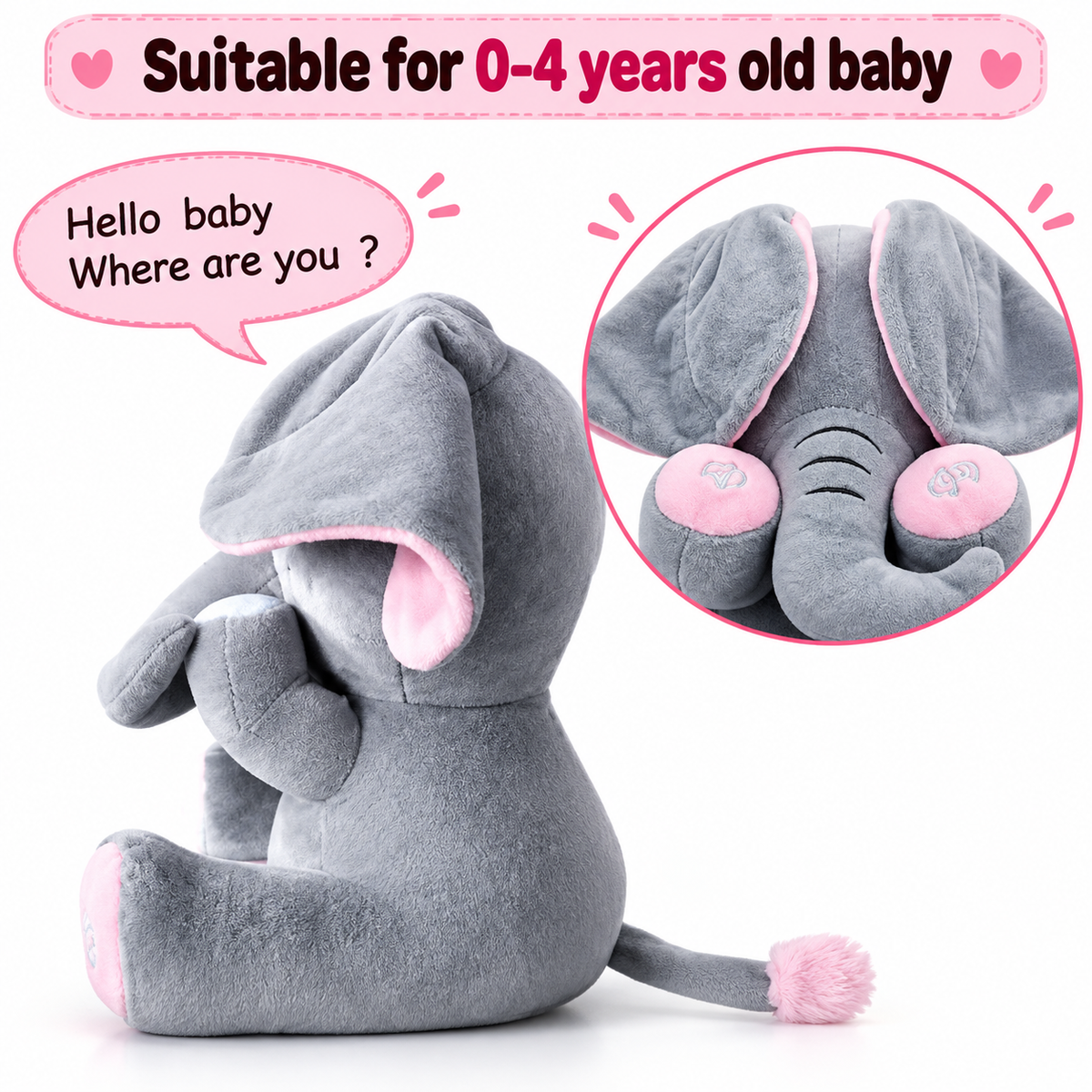 Peek-a-Boo Musical Elephant Plush Toy with Moving Ears for Kids