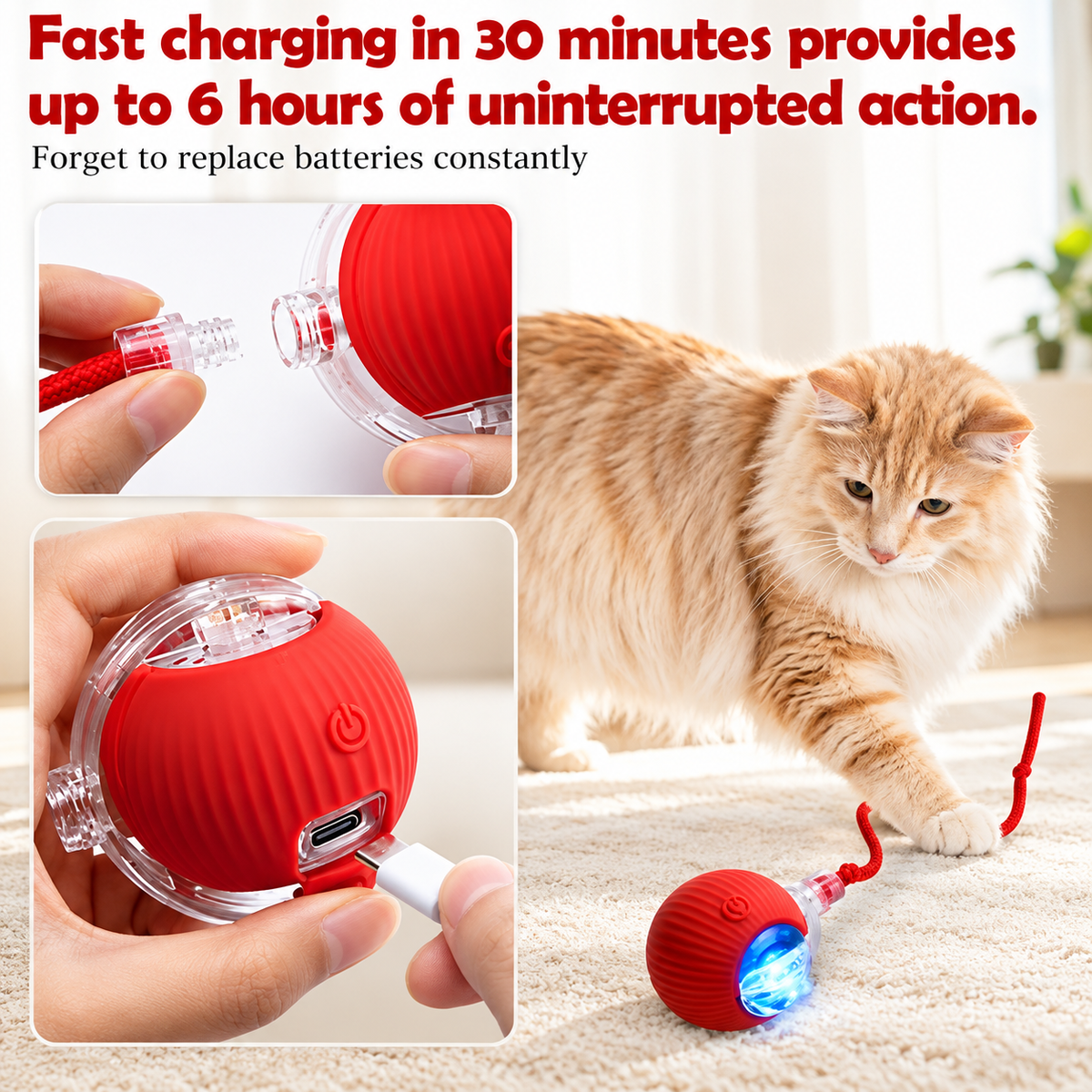 USB Rechargeable LED Interactive Pet Ball with Rope Tail – 3 Light Modes | Automatic Rolling Toy for Cats & Dogs