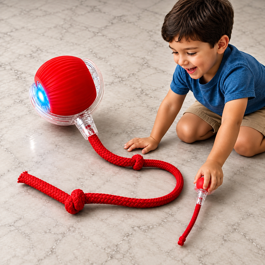 USB Rechargeable LED Interactive Pet Ball with Rope Tail – 3 Light Modes | Automatic Rolling Toy for Cats & Dogs