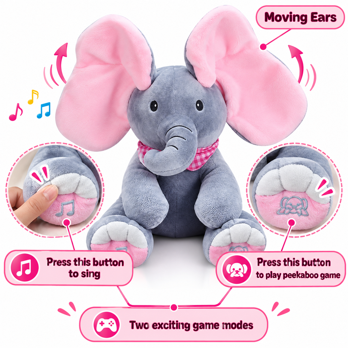 Peek-a-Boo Musical Elephant Plush Toy with Moving Ears for Kids